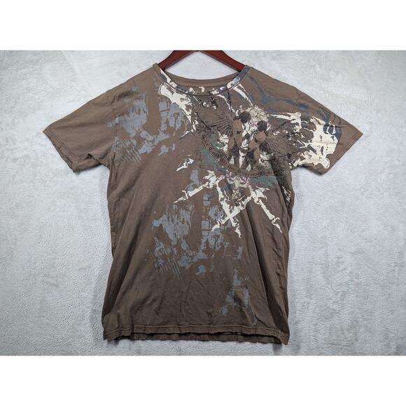 Monarchy Distressed Graphic Cult Supreme Brown Shirt Size SMALL Y2K Grunge Emo - Picture 1 of 8